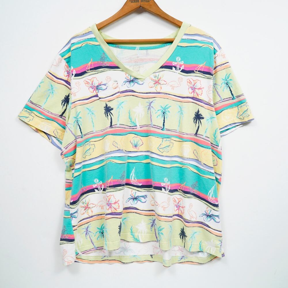 Huntington Beach Heather Mint Women's Tropical V Neck T-Shirt Palm Tree XL